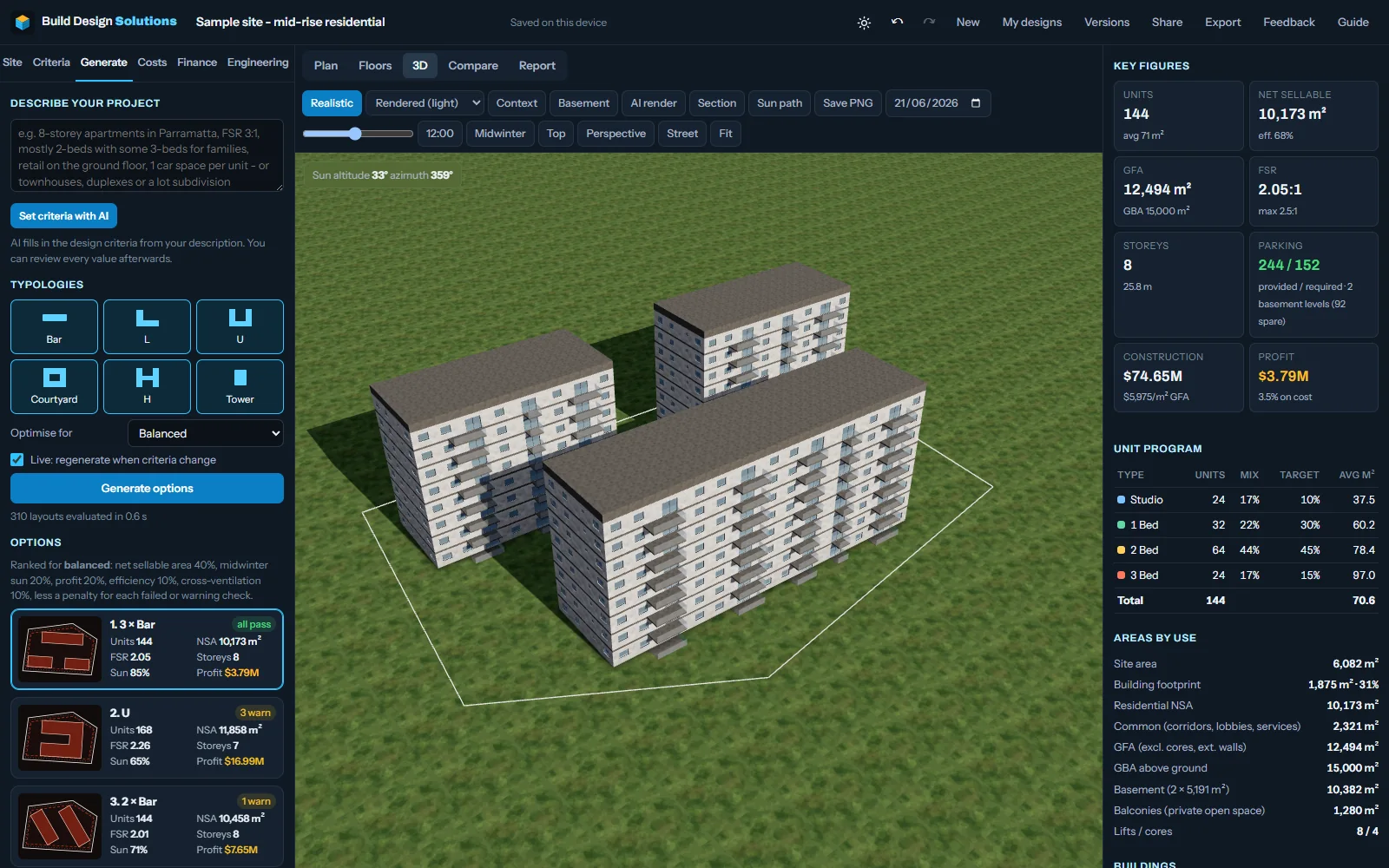 Realistic 3D render of the scheme: rendered facades with recessed glazing and balconies under a clear sky, with midwinter shadows on the ground