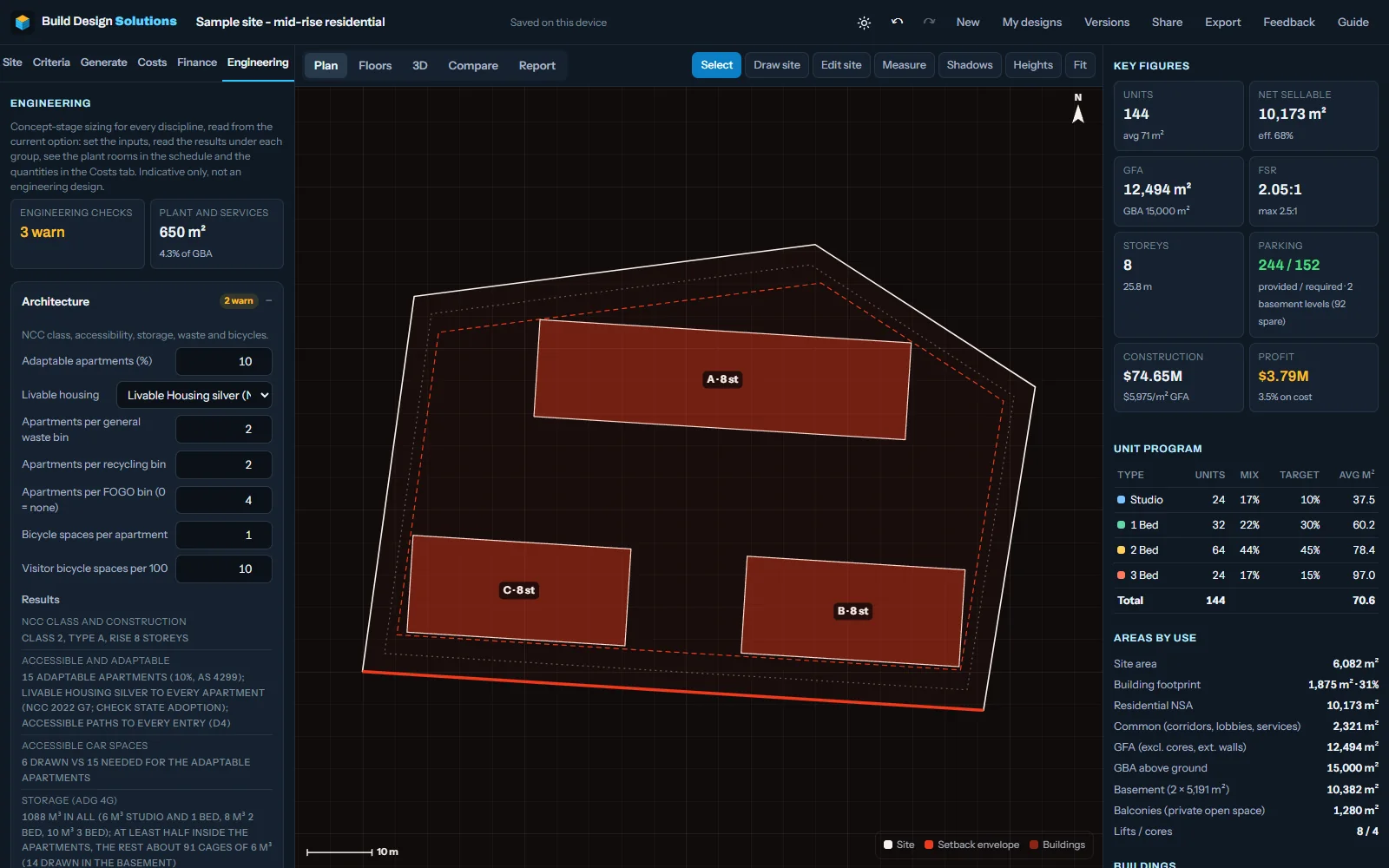 Engineering tab: the geotechnical group with soil class, footings and basement retention results beside the plan